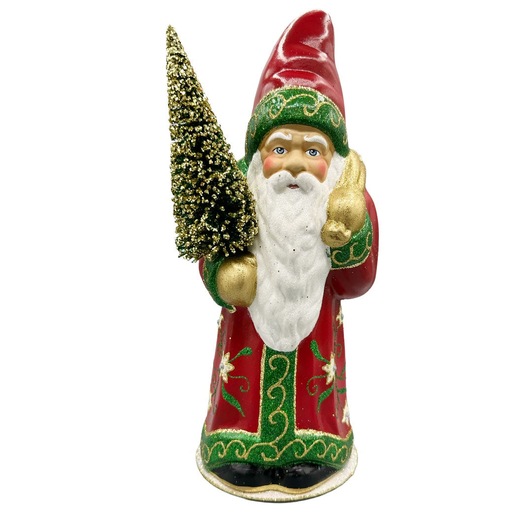 Red and Green Trim and Eidelweis design Coated Santa with Tree Papier Mache Candy Container by Ino Schaller