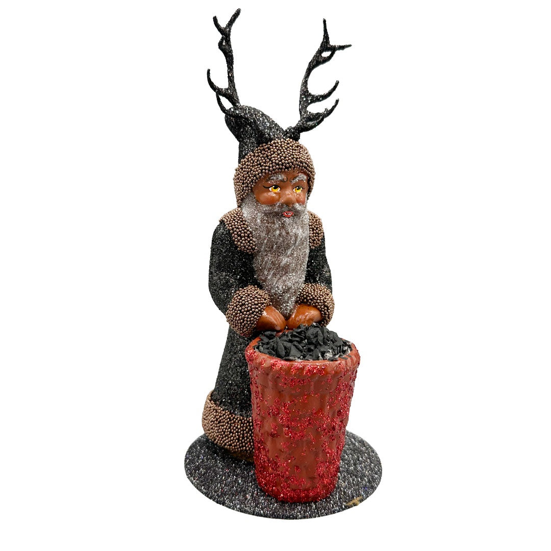 Krampus with Glittered Coat and Copper Beaded Accents, and Red Basket of Coal Papier Mache Figurine by Ino Schaller