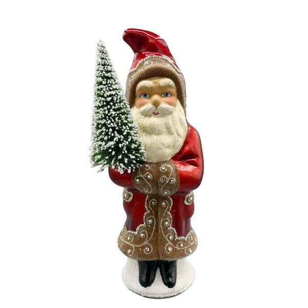 Burgundy with Brown Trim Coated Santa Papier Mache Candy Container by Ino Schaller