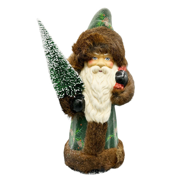 Green with Fur Trim Coated Large Santa Papier Mache Candy Container by Ino Schaller
