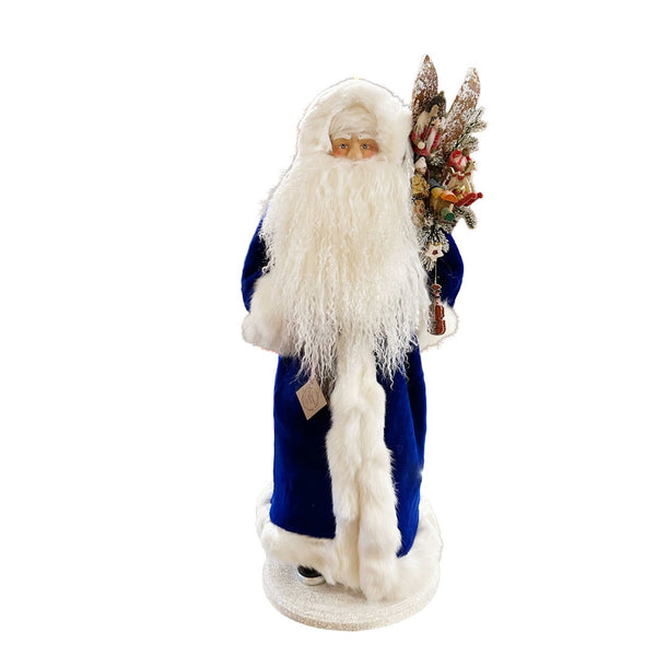 XL Santa in Blue Suit with Bag of Toys Papier Mache Candy Container on Base by Ino Schaller