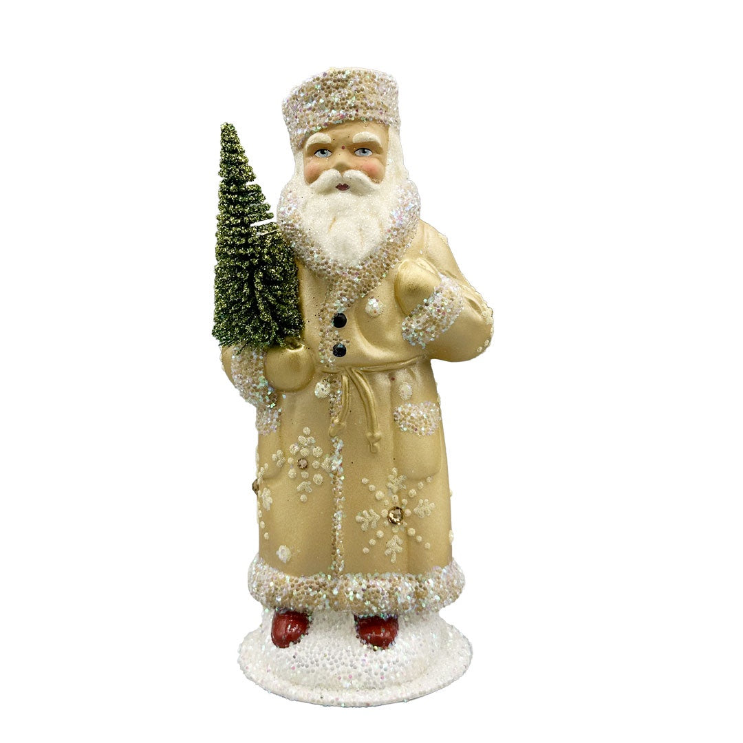 Cream with Snowflakes and Crystals Coated Santa Papier Mache Candy Container by Ino Schaller
