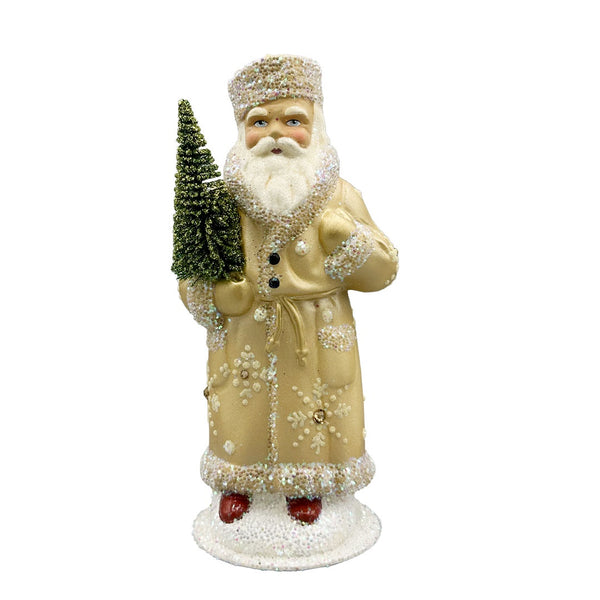 Cream with Snowflakes and Crystals Coated Santa Papier Mache Candy Container by Ino Schaller