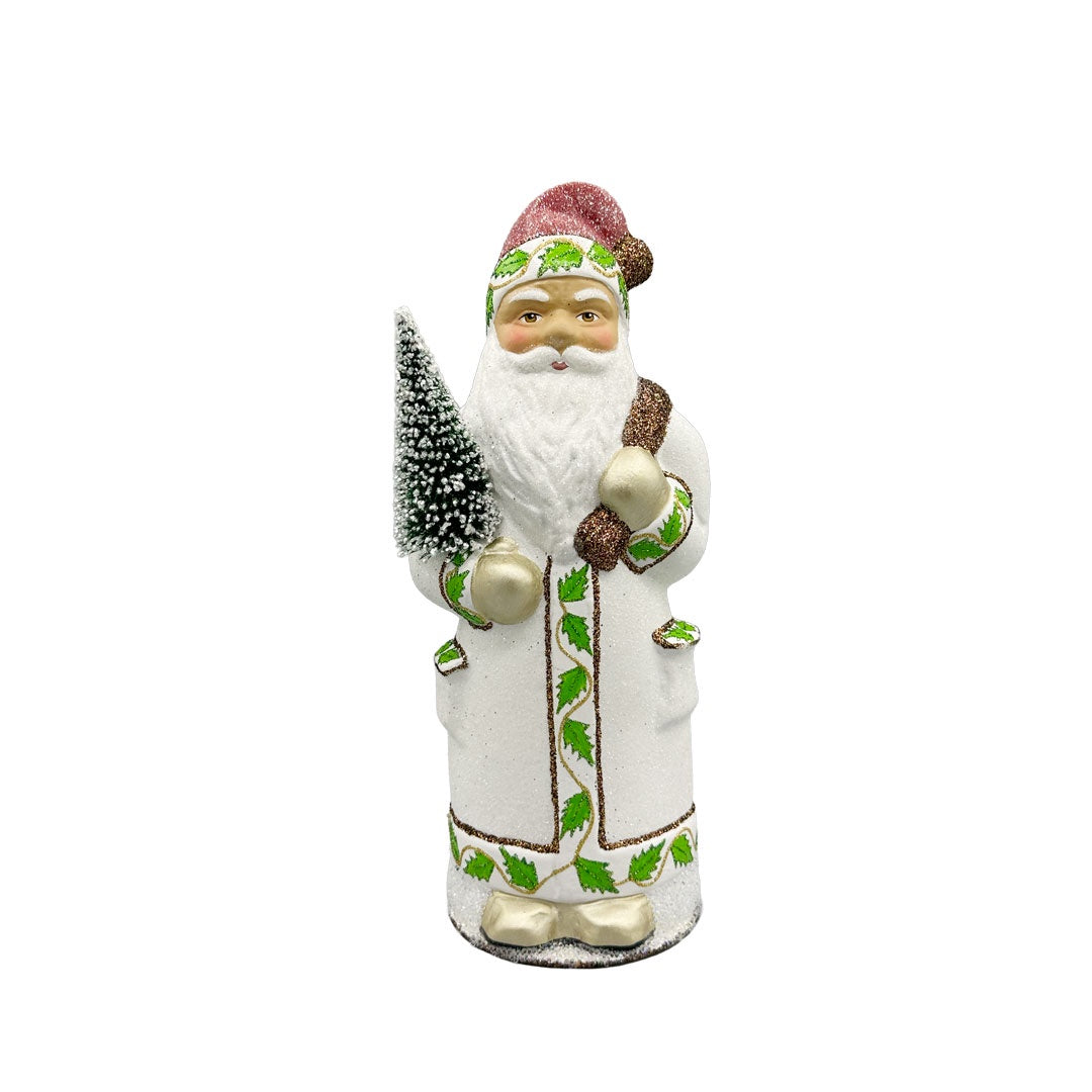 White with Holly Leaf Trim Coated Santa Papier Mache Candy Container by Ino Schaller