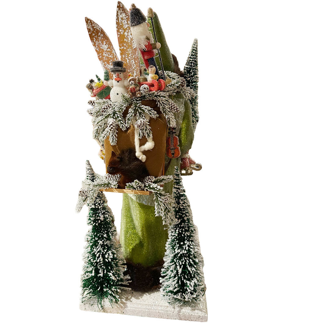 XL Green Beaded Santa with animals and bag of toys Papier Mache Figurine on base by Ino Schaller