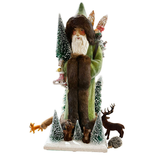 XL Green Beaded Santa with animals and bag of toys Papier Mache Figurine on base by Ino Schaller
