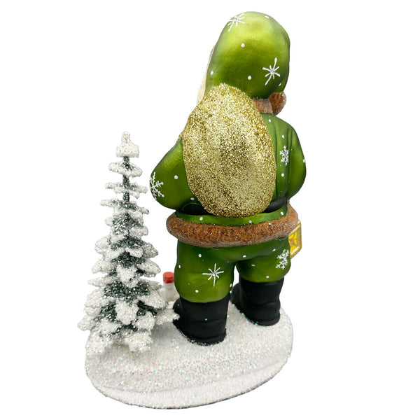 Chubby Green Coated Santa Papier Mache Figurine on Base by Ino Schaller
