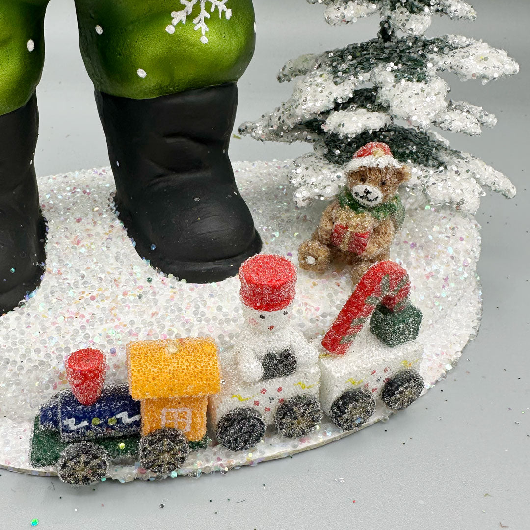 Chubby Green Coated Santa Papier Mache Figurine on Base by Ino Schaller