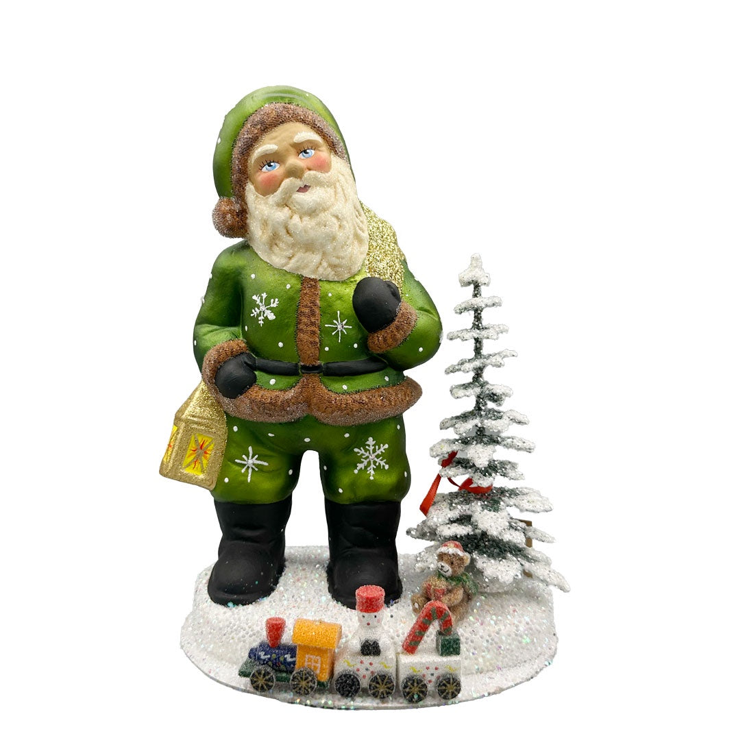 Chubby Green Coated Santa Papier Mache Figurine on Base by Ino Schaller