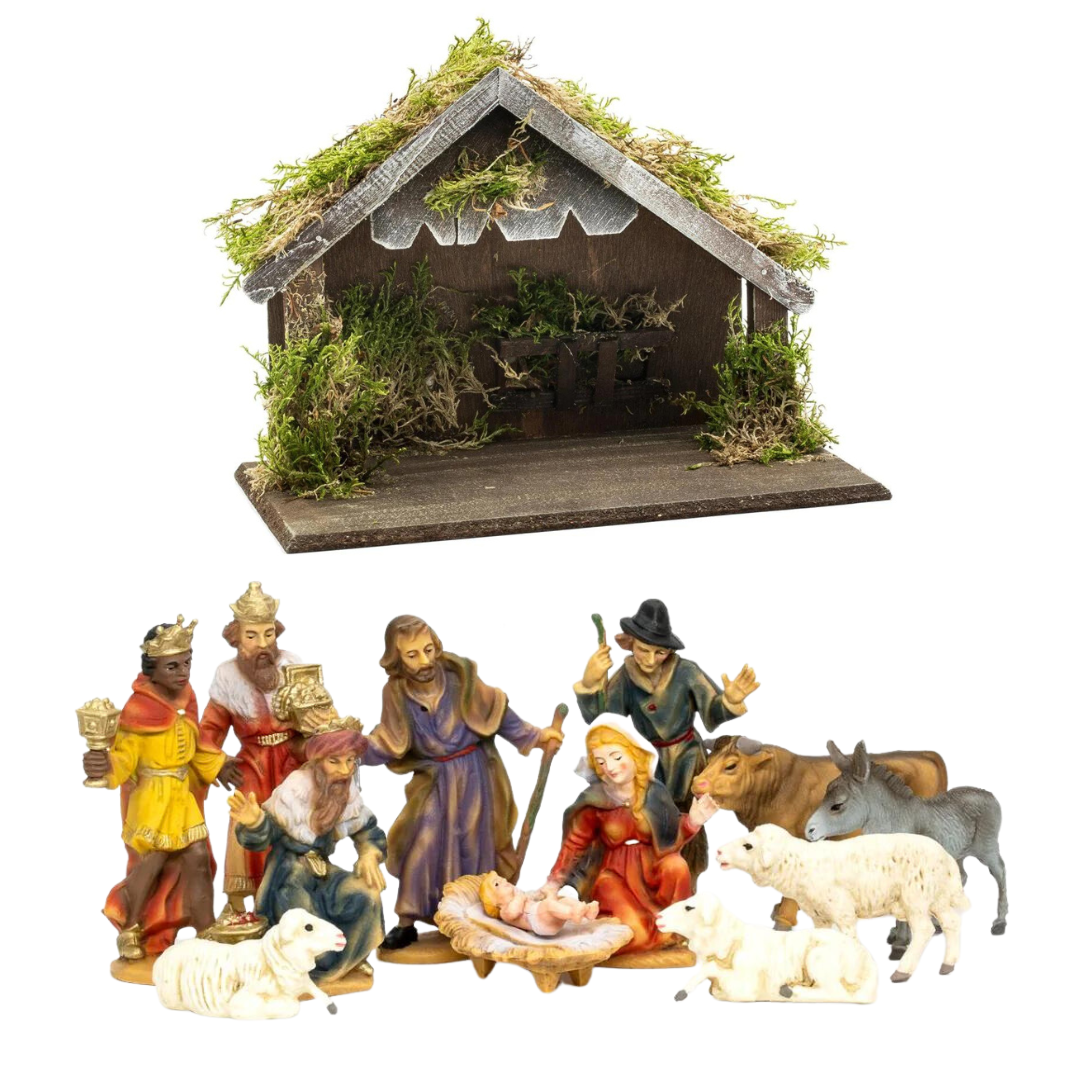 12 Piece Hand Painted Resin Nativity Set with Wood Stable by Marolin Manufaktur