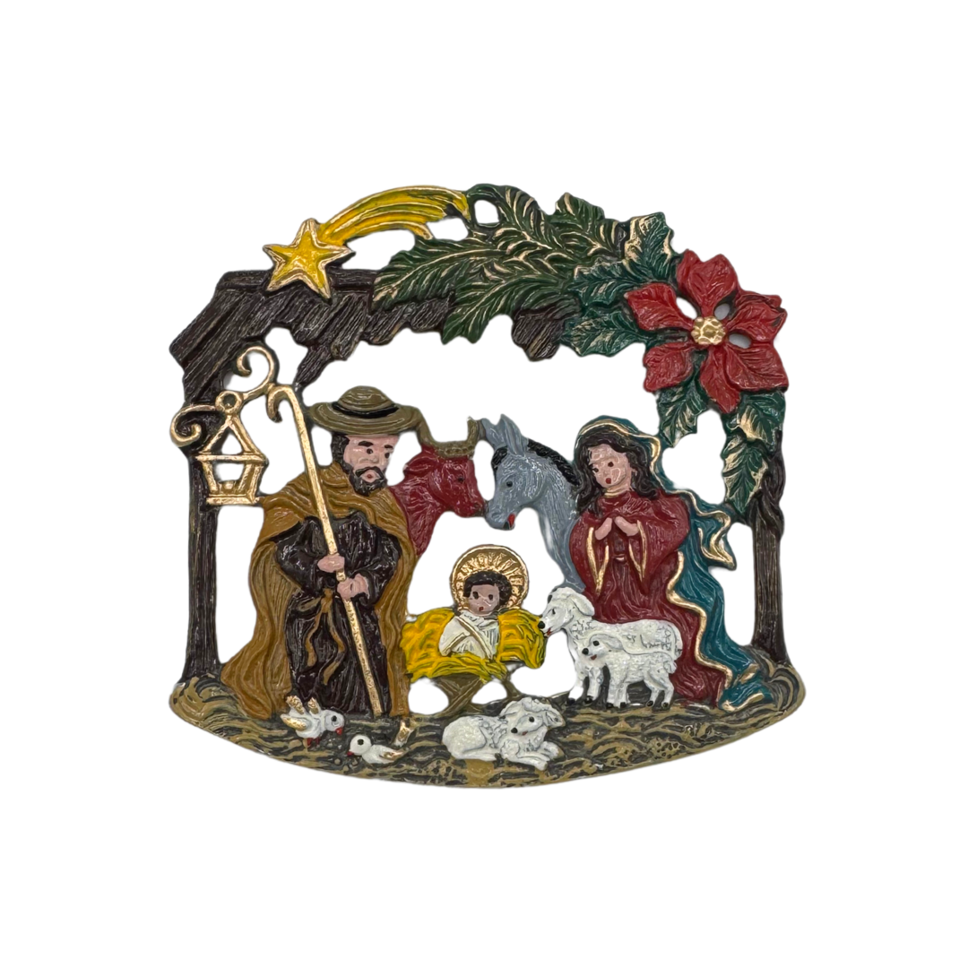 Nativity with Poinsettia Pewter Ornament by Kuehn