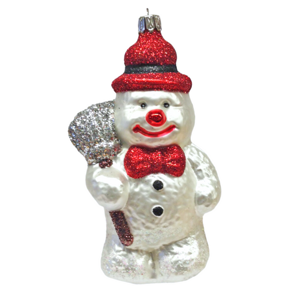 Snowman with Broom and Red Glitter Ornament by Old German Christmas