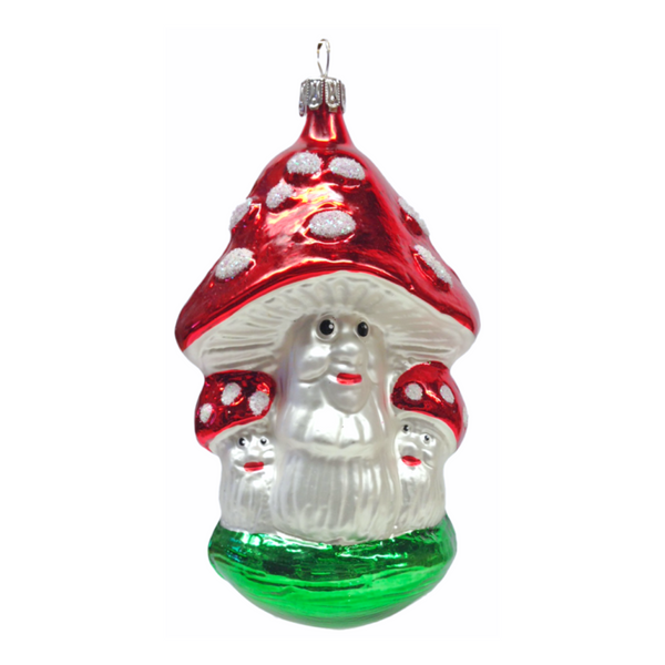 Mushroom with Face, White and Red Glitter Ornament by Old German Christmas