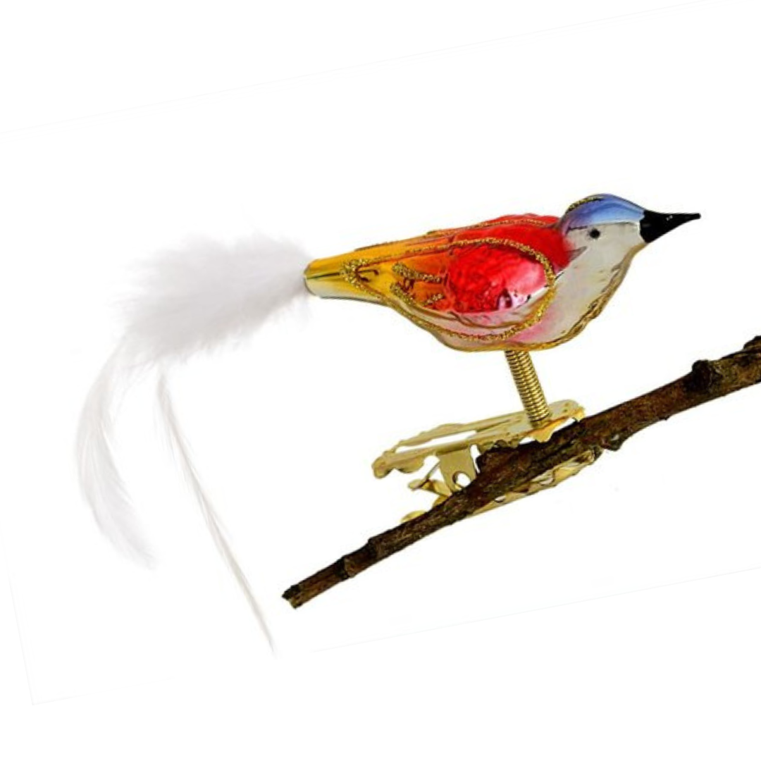 Mini Bird with feather tail, gold, red and blue by Glas Bartholmes