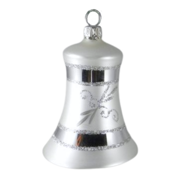 Capped Bell Ornament, white with silver by Glas Bartholmes