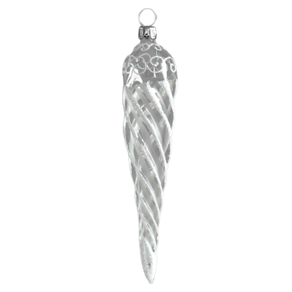 Icicle, transparent with white ring and swirl design by Glas Bartholmes