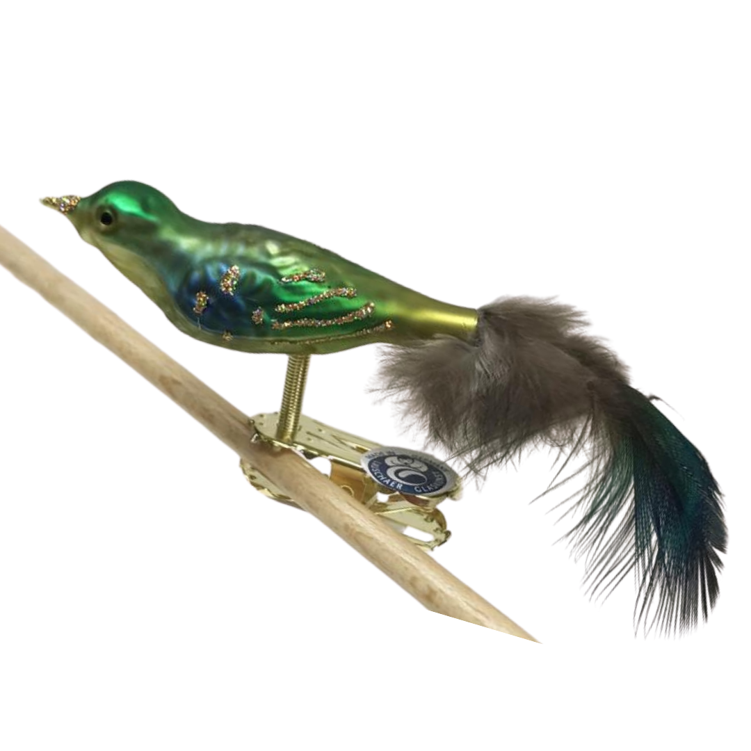 Mini Bird with feather tail, green and blue by Glas Bartholmes
