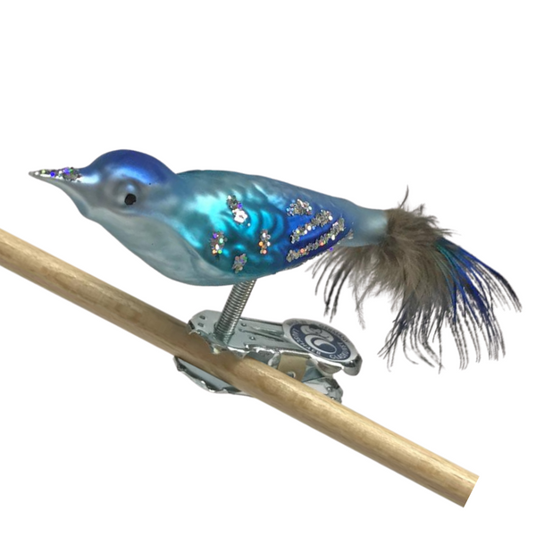 Mini Bird with feather tail, blue and turquoise by Glas Bartholmes