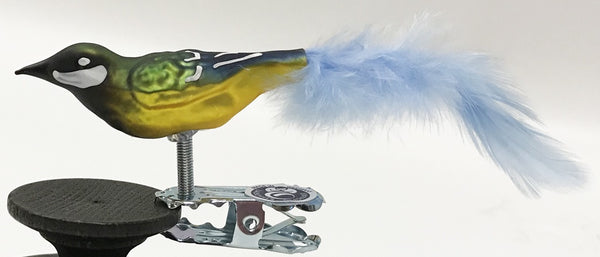 Mini Bird with feather tail, blue, green and gold by Glas Bartholmes