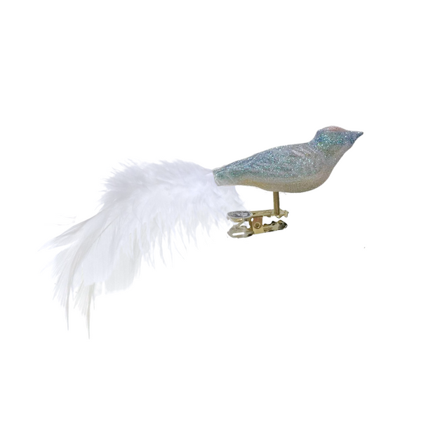 Bird with feather tail, small, glittered by Glas Bartholmes