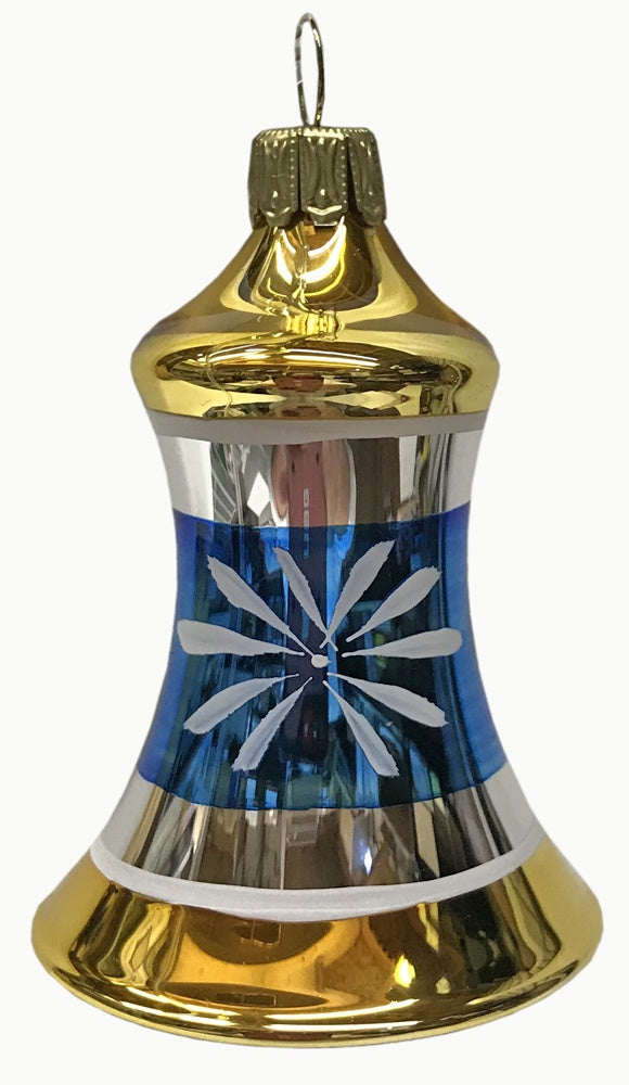 Bell, 5cm, blue and gold with white flower by Glas Bartholmes