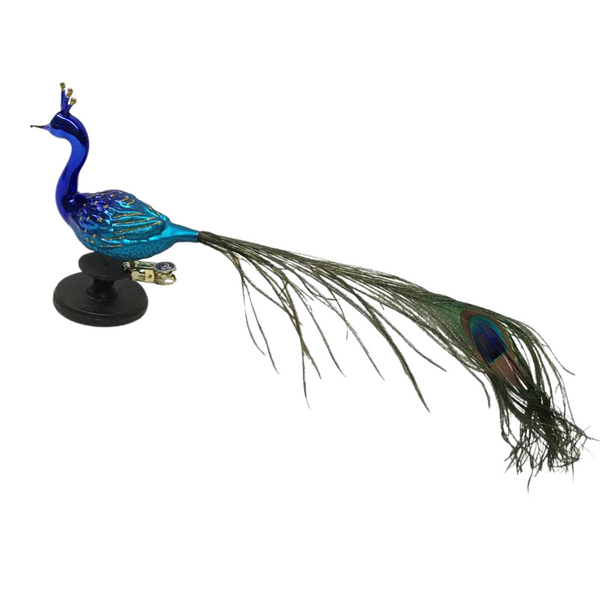 Big Peacock, Blue, Straight Head, Blown Crown Ornament by Glas Bartholmes