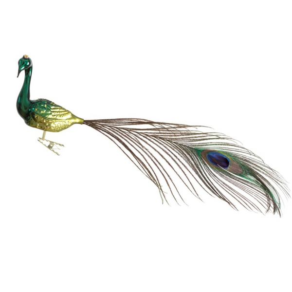 Peacock with crown and real feather, turned head, large, green by Glas Bartholmes