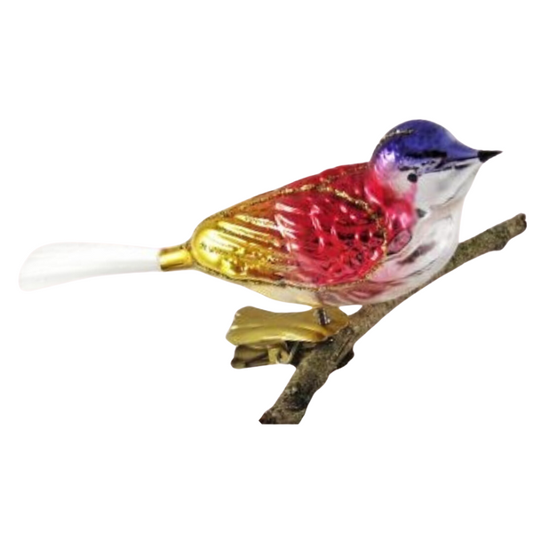 Bird with turned Head, gold, red and blue by Glas Bartholmes