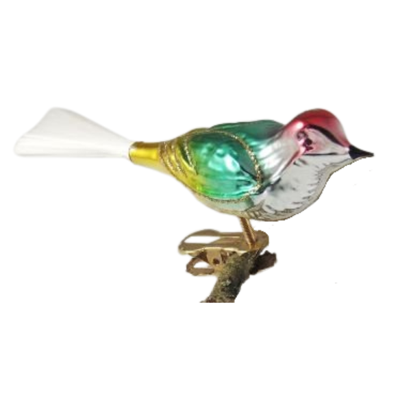 Bird, small long, red, green and gold by Glas Bartholmes