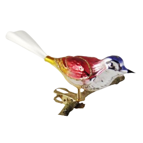 Bird, small long, blue, red and gold by Glas Bartholmes
