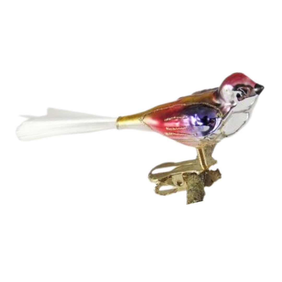 Bird with spun glass tail, small, red, blue and gold by Glas Bartholmes