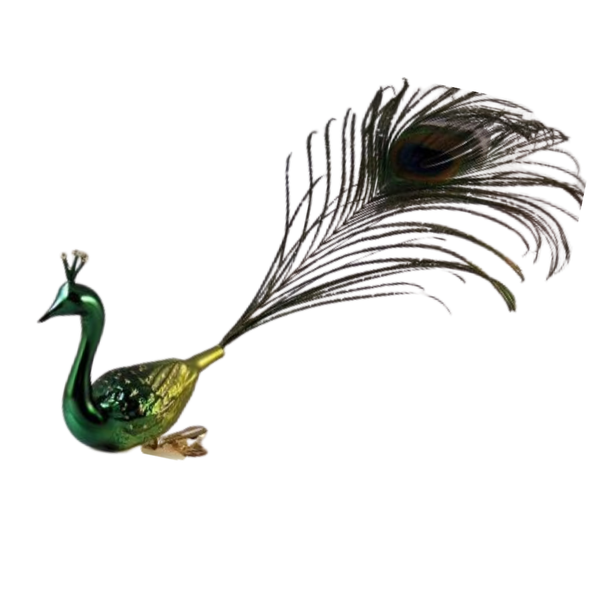 Large Green Peacock with Flair Crown Ornament by Glas Bartholmes