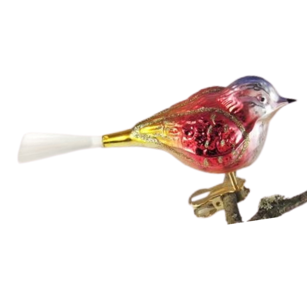 Chubby Bird with spun glass tail, blue, red and gold by Glas Bartholmes