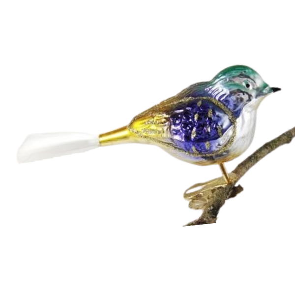 Chubby Bird with spun glass tail, green, blue and gold by Glas Bartholmes