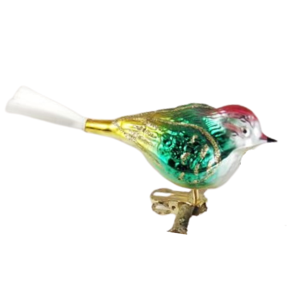 Chubby Bird with spun glass tail, red, green and gold by Glas Bartholmes