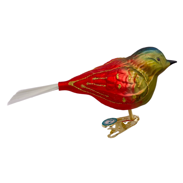 Chubby Bird with spun glass tail, matte blue, green and red by Glas Bartholmes