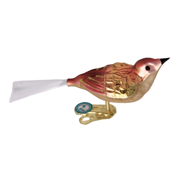 Bird, small wide with spun glass tail, matte bordeaux and bronze by Glas Bartholmes