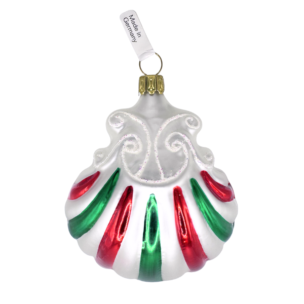Decorative Christmas ornament in the shape of a shell with green, white and red stripe design and glitter accents on a white background