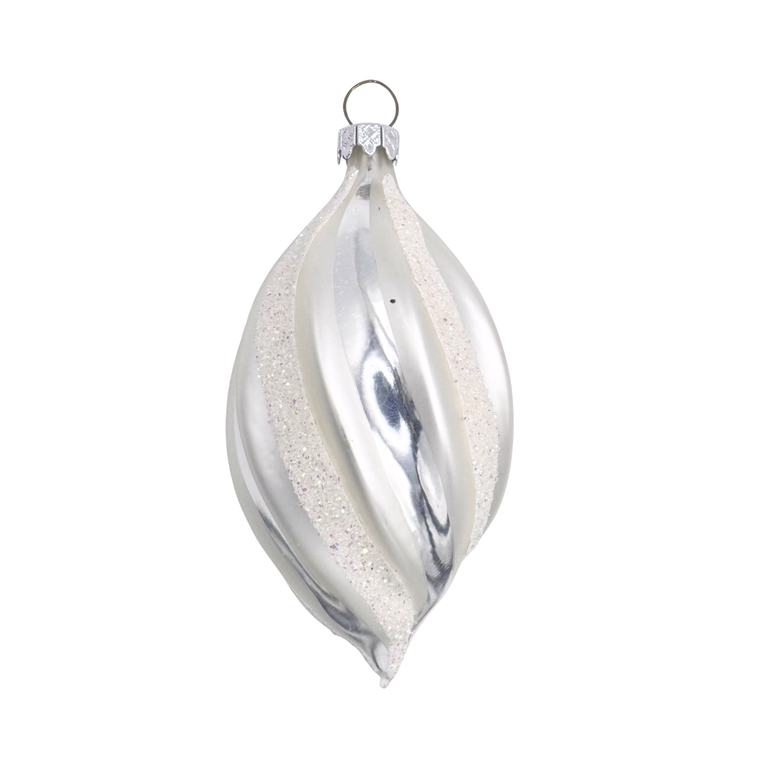 Decorative glass ornament with silver and white swirl pattern with iridescent glitter accents on a white background