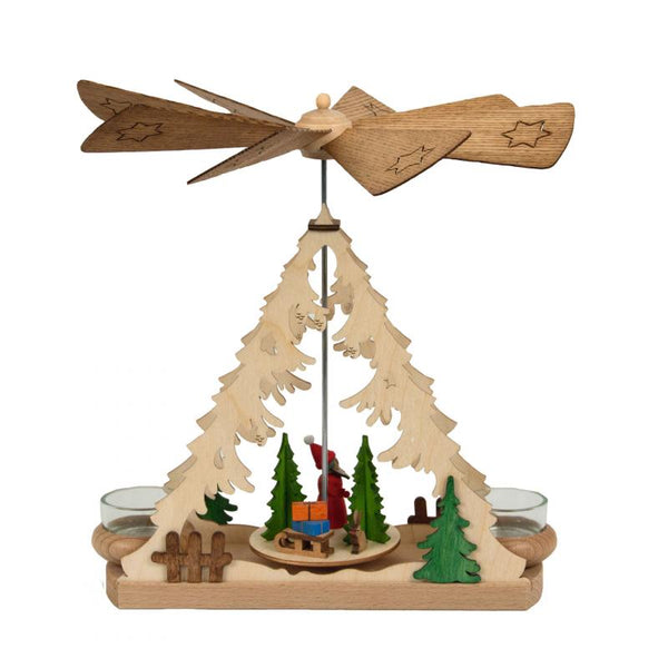 A Frame Santa Tea Light Pyramid by Kuhnert GmbH. Wooden decorative pyrope with Santa Claus and trees on a white background