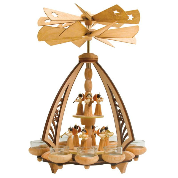 Angel Double Tea Light Pyramid by Kuhnert GmbH. Wooden Christmas pyramid with angel figures and candle holders on a white background