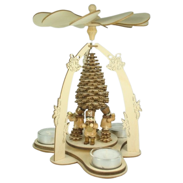 Bell Arch Pyramid with Miners by Kunstgewerbe Lenk und Sohn. Wooden Christmas pyramid with decorative elements on a white background