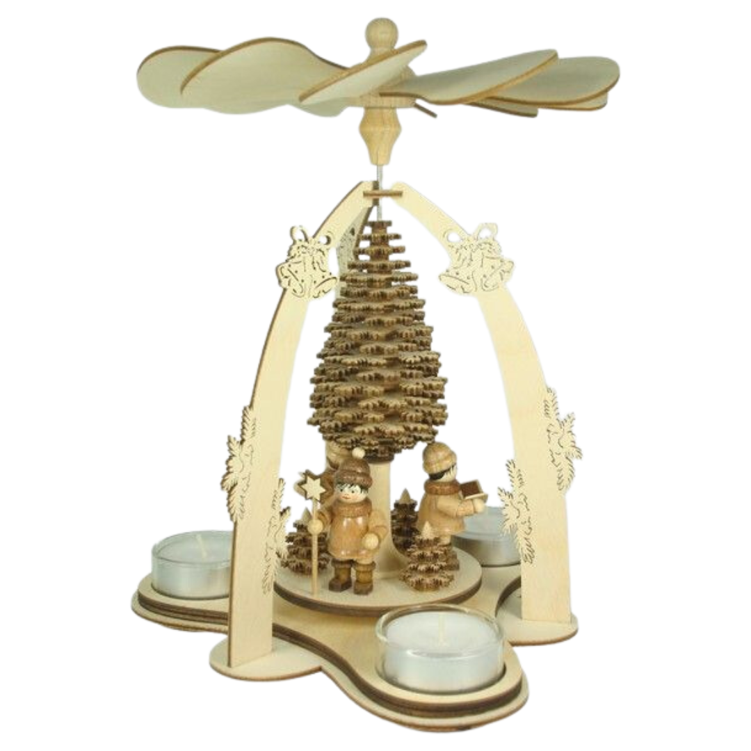 Bell Arch Pyramid with Carolers by Kunstgewerbe Lenk und Sohn. Wooden Christmas pyramid with decorative elements on a white background