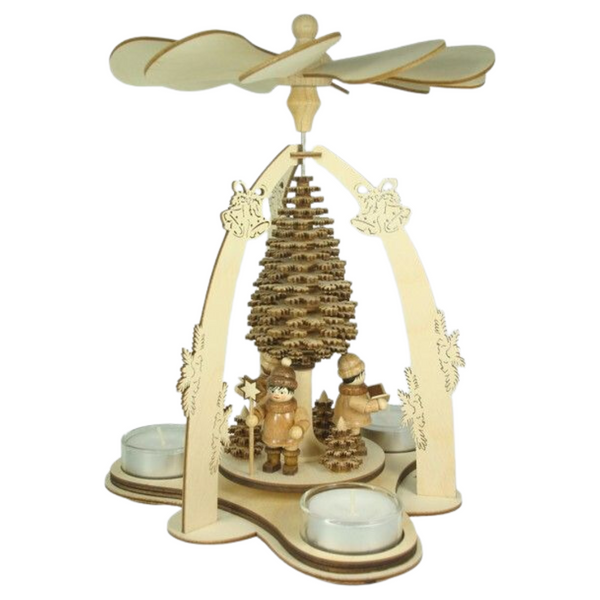 Bell Arch Pyramid with Carolers by Kunstgewerbe Lenk und Sohn. Wooden Christmas pyramid with decorative elements on a white background