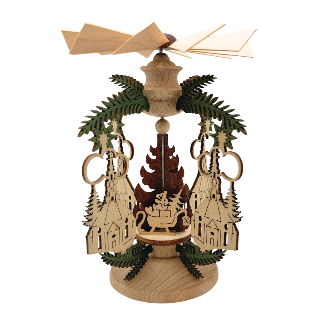 Seiffen Church and Branch Frame with Santa Claus, Table Pyramid by Harald Kreissl