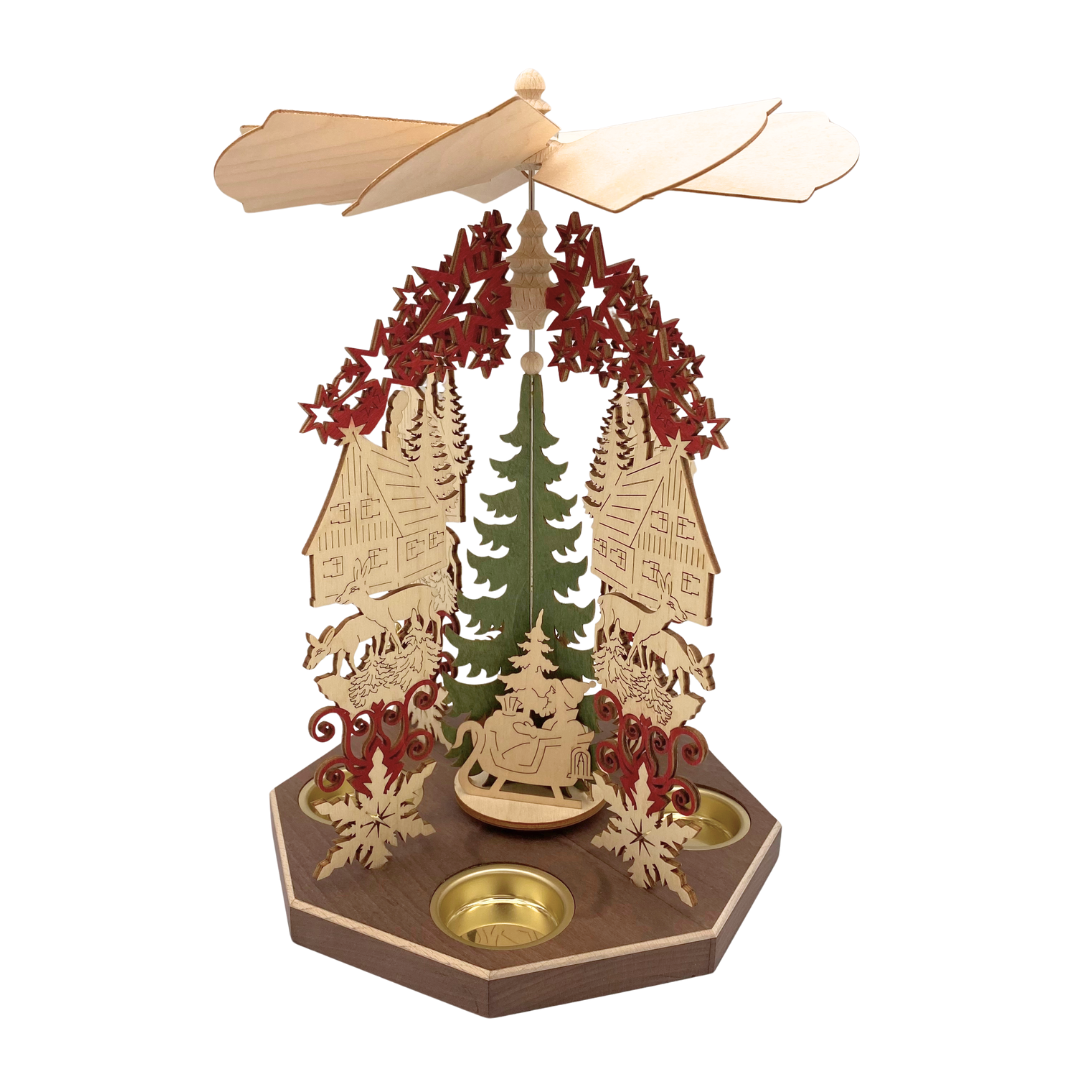 Cabin in the Forest Frame with Santa and Reindeer Motif Tealight Pyramid by Harald Kreissl