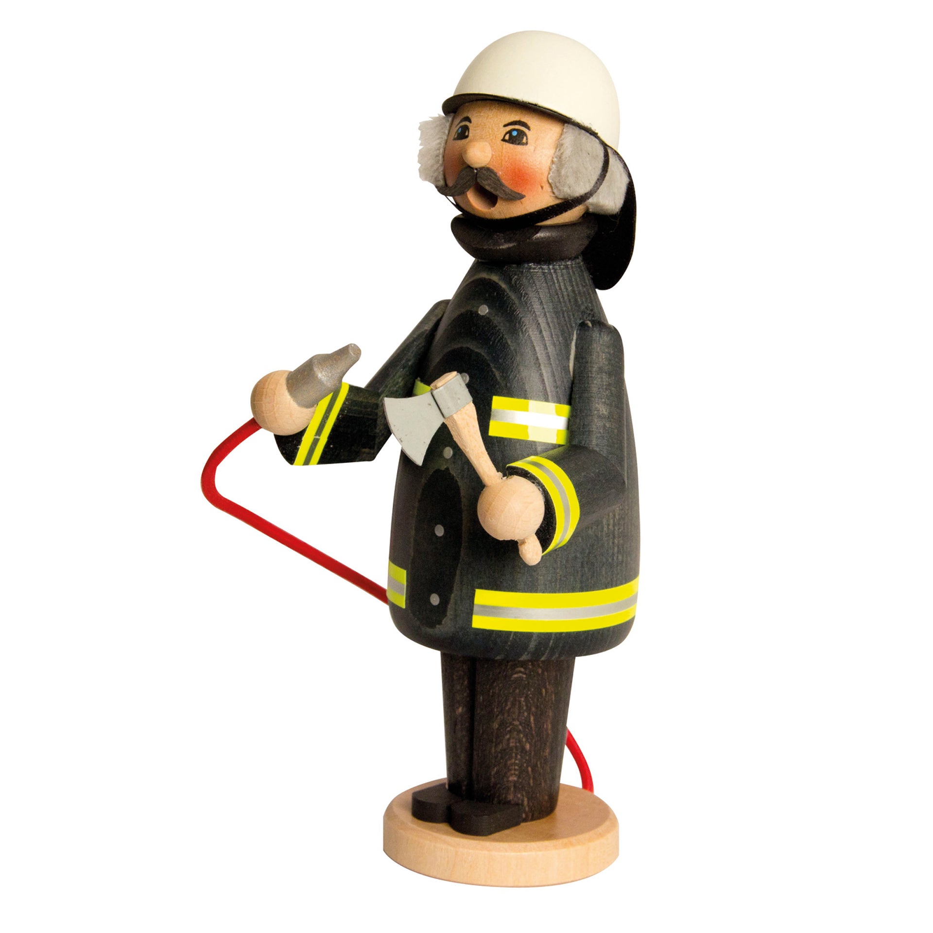 Wooden firefighter incense smoker holding an axe and hose in a black coat and wearing a white helmet by Kuhnert GmbH