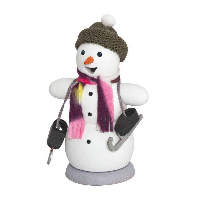 Snowman with ice skates Incense Smoker by Kuhnert GmbH, Snowman figurine with a colorful scarf, hat, and keys on a white background