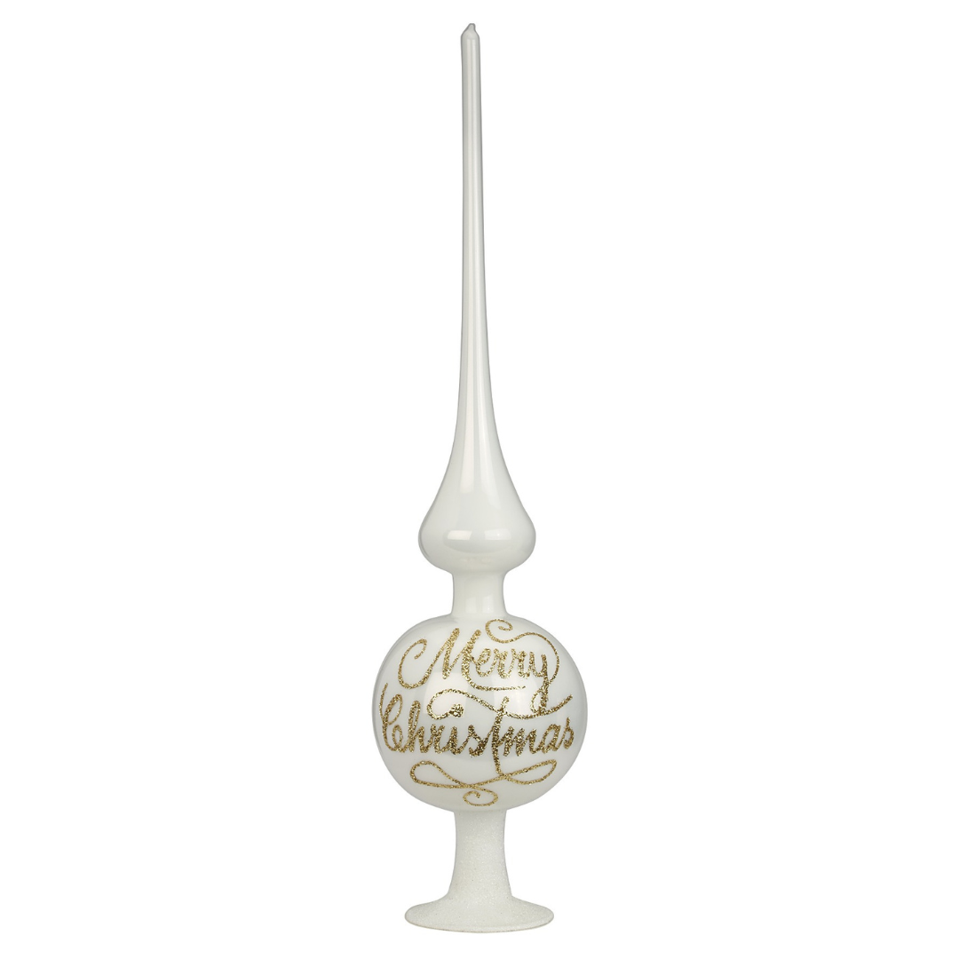 Merry Christmas Finial Tree Topper, white pearl, crackle by Inge Glas of Germany