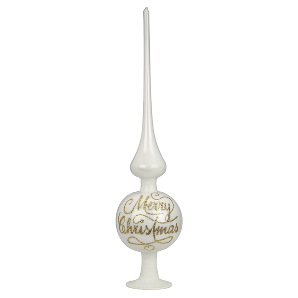 Merry Christmas Finial Tree Topper, white pearl, crackle by Inge Glas of Germany